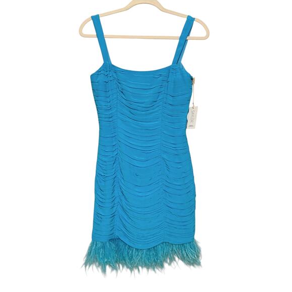 SAYLOR NY Melina Dress - Sleeveless Blue Fur Feather Trim Mini Dress XS NWT - Picture 2 of 8